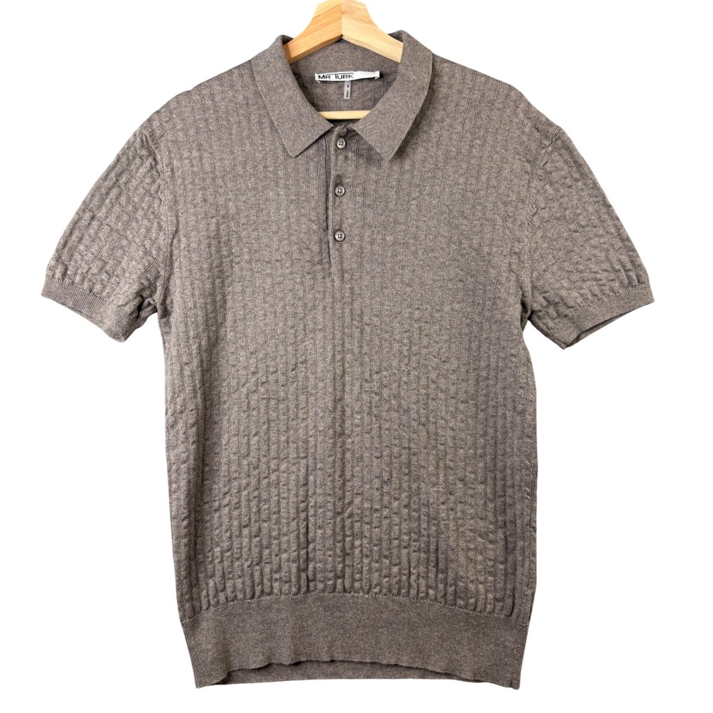 Mr Turk Mens Brown Textured Knit Cotton Short Sleeve Polo Sweater Shirt Small